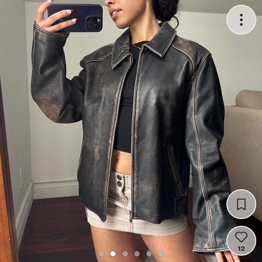 VINTAGE distressed faded black genuine leather biker jacket